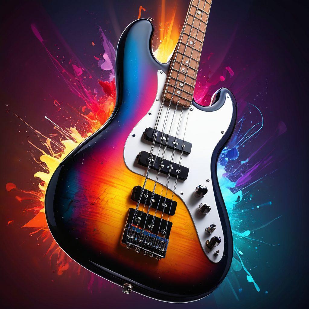 A captivating blend of musical elements and artistic expression, featuring a bass guitar intricately intertwined with vibrant flowing colors, representing the transition from fleeting trends to enduring beauty. In the background, abstract shapes and notes symbolize the rhythm and vitality of music, while a subtle vintage aesthetic hints at timelessness. Enhanced with glowing highlights and soft shadows for depth. super-realistic. vibrant colors. 3D.