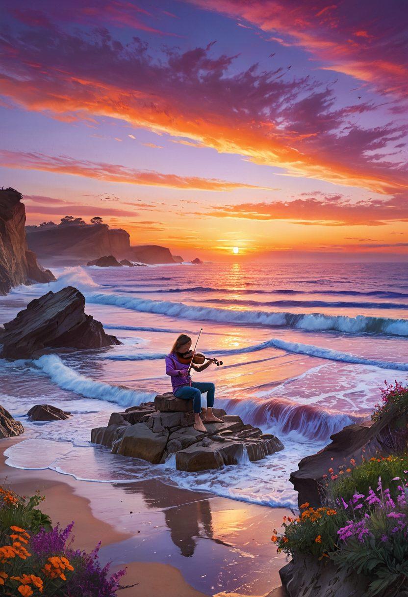 A serene landscape featuring a vibrant sunset over an ocean with musical notes rising from the waves, depicting the beauty of sound. In the foreground, a group of musicians playing various instruments, absorbed in the joy of creating music. The scene should evoke a feeling of harmony between nature and sound innovation, emphasizing both the charm and the transformative power of music. vivid colors. impressionist style.