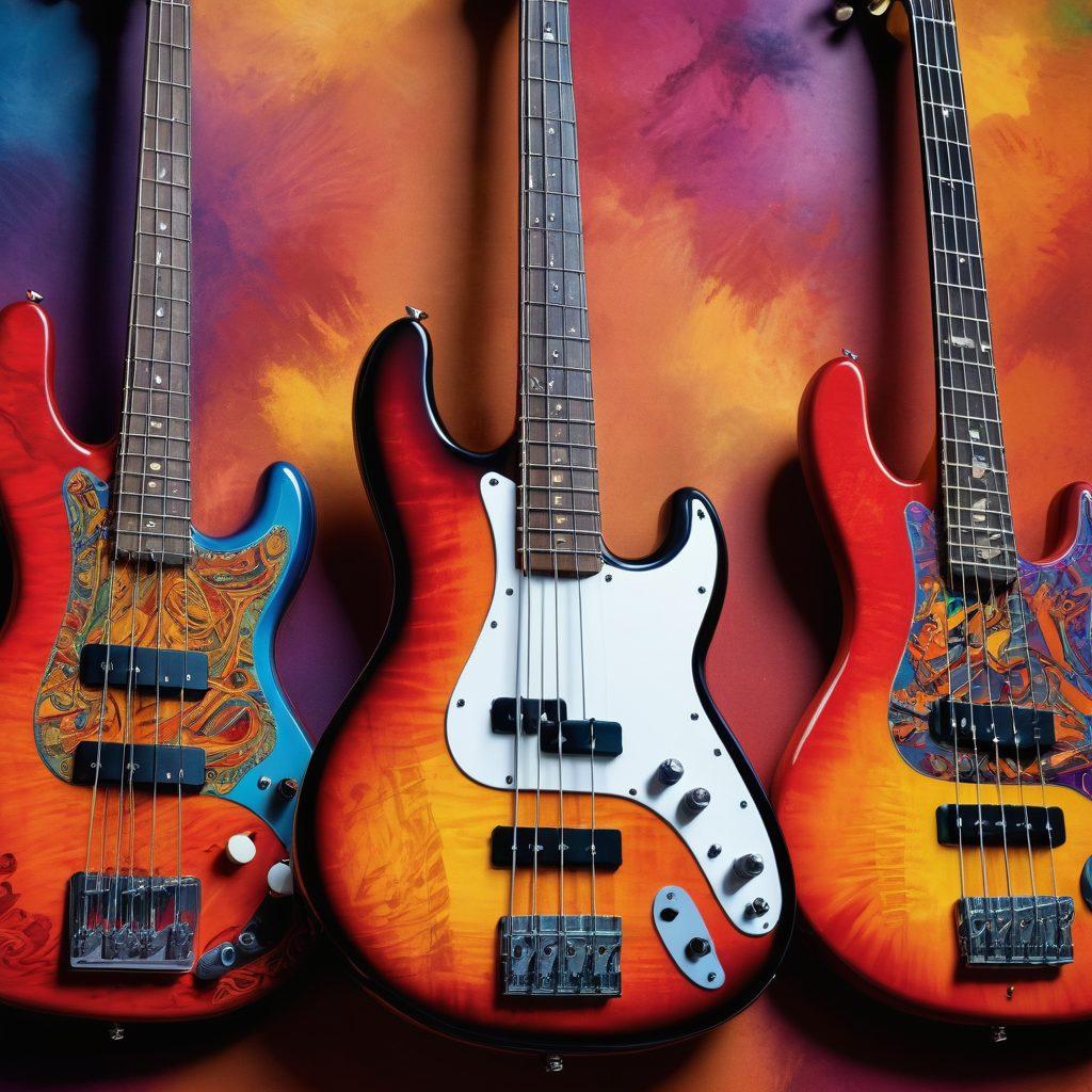 A stunning showcase of various bass guitar designs, each uniquely styled, set against a vibrant backdrop representing diverse bass culture elements. Include artistic representations of bass players in dynamic poses, surrounded by musical notes and colorful patterns. Highlight the fusion of traditional and modern designs, with intricate details on the guitars. Add a sense of movement to reflect the rhythm of bass music. super-realistic. vibrant colors. dynamic composition.